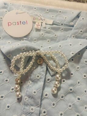 Pastels Light Blue Eyelet Pearl-Accent Blouse